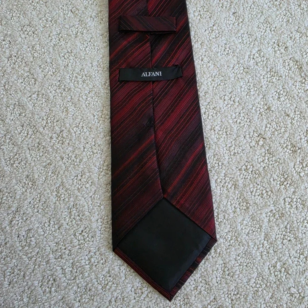 Alfani Mens Silk Necktie Burgundy Black Diagonal Striped Hand Made 60 Inch